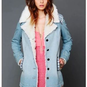 Free People Shag-lined Embroidered Denim Coat - Size XS
